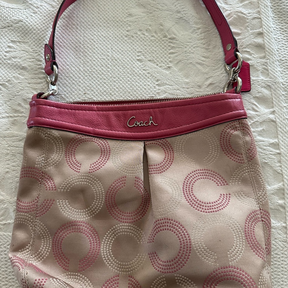 Coach Pink and Cream Shoulder Bag with Signature Monogram